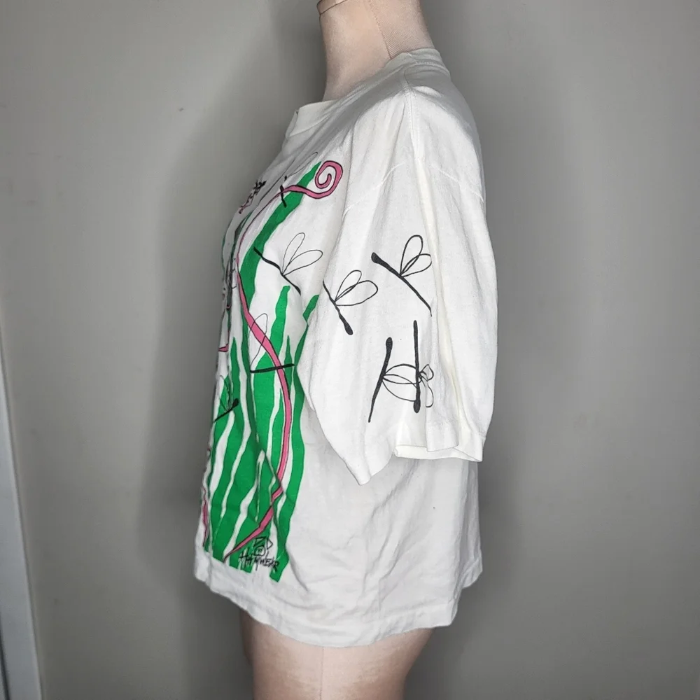 Vintage 90s White Cropped Graphic T-Shirt Green Reeds Orange Fish One Size - Picture 3 of 7